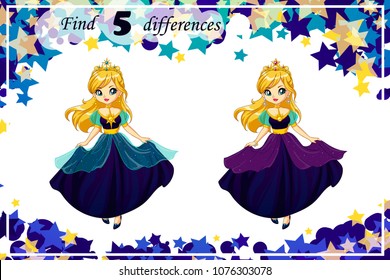 Find differences, education game for children, cute little princess. Vector hand drawn illustration. Cartoon style. 