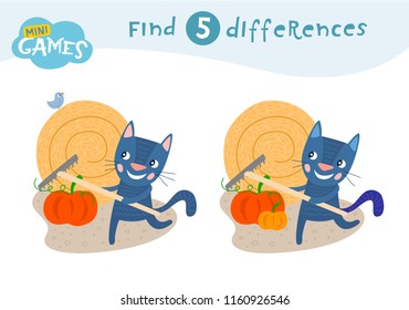 Find differences, education game for children, The cat is holding a rake. Animals on the farm