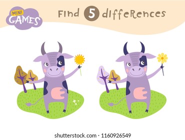 Find differences, education game for children, Cow in a meadow. Animals on the farm