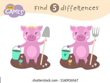 Find differences, education game for children, Piglet with bucket and shovel. Farm
