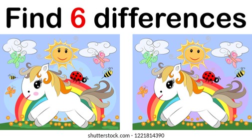 Find differences, education game for children. Fairy ponies and rainbow