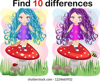 Find differences education game for children, fairy in the nature