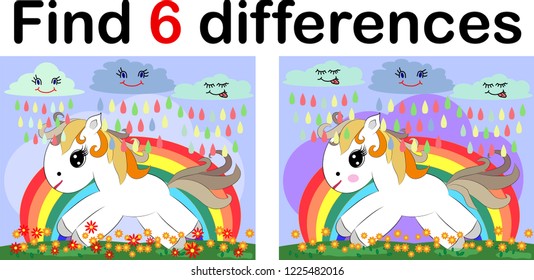 Find differences, education game for children. Fairy ponies and rainbow