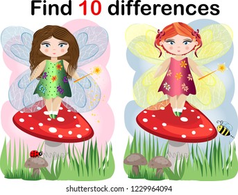 Find differences education game for children, fairy in the nature