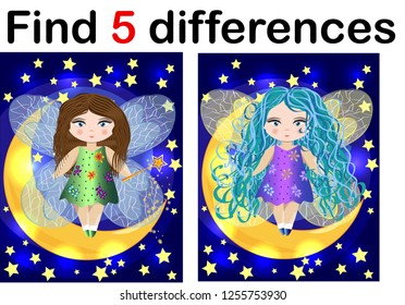 Find differences education game for children, fairy in the moon.