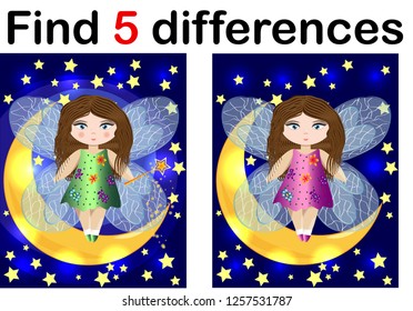 Find differences education game for children, fairy in the moon.