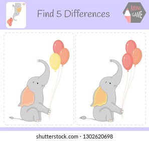Find differences, education game for children. elephant with balloons. Animals on the farm