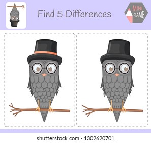 Find differences, education game for children. owl. Animals on the farm.