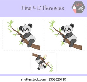 Find differences, education game for children. Panda on a branch. Animals on the farm.