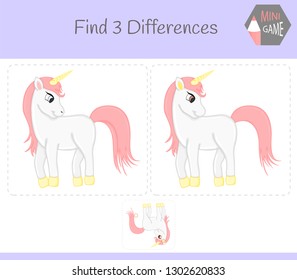 Find differences, education game for children. unicorn. Animals on the farm.