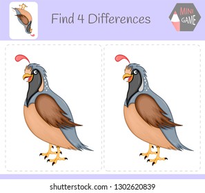 Find differences, education game for children. quail. Animals on the farm.