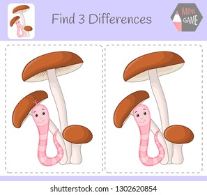Find differences, education game for children. mushroom with worm. Animals on the farm.
