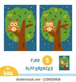 Find differences, education game for children. Night landscape. The owl in the tree.