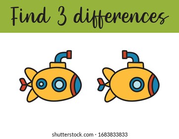 Find differences. Education game for children. Cartoon Vector Illustration. Submarine
