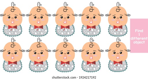 Encuentra Juego de Educación de Diferencias para Niños. Feliz bebé blanco. Ilustración vectorial con estilo de dibujos animados.