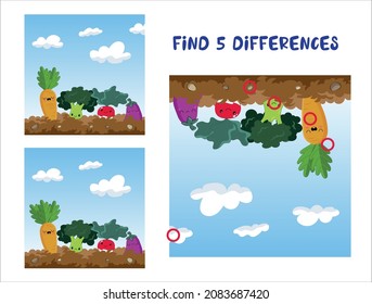 find the differences education game for children vegetables in the garden vector illustration