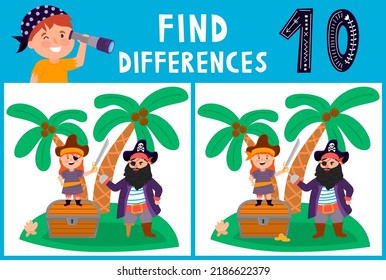 Find Differences, Education Game For Children. Pirate And Treasure Chest On A Tropical Island. Two Pirates.