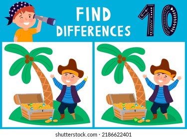 Find differences, education game for children. Pirate and treasure chest on a tropical island