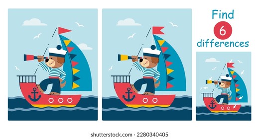 Find differences, education game for children. Cute cartoon puppy sailor, ship, sea. Flat vector marine illustration. 