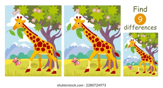 Find differences, education game for children. Cute cartoon giraffe, safari animals. Flat vector savannah illustration. 