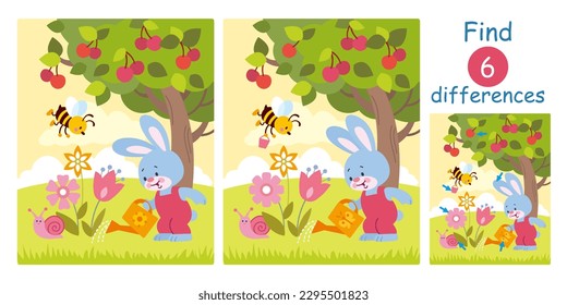 Finden Sie Unterschiede, Bildungsspiel für Kinder. Cute Cartoon-Hase, Biene, Schnecke, Kirschbaum, Blumen. Flache Vektorgrafik mit sonnigen, bewässernden Blumen. 