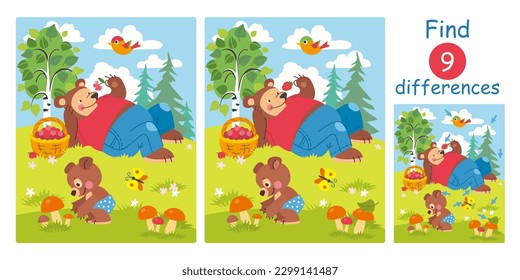 Find differences, education game for children. Cute cartoon bear family on a lawn in a summer forest. Flat vector illustration with big daddy bear and small son bear.