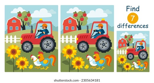 Encuentra diferencias, juego educativo para niños. Dibujo de dibujos animados llanos con granjero, tractor, pollo, gallo, polluelo, girasol, campo, granja.