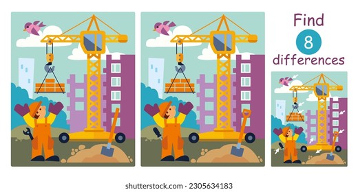 Find differences, education game for children. Cute cartoon flat vector illustration with construction site, builder, crane, building, tools.