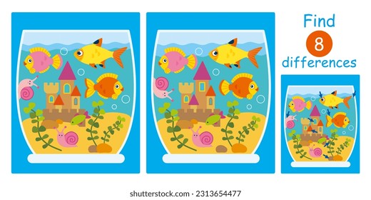 Finden Sie Unterschiede, Bildungsspiel für Kinder. Cute Cartoon flache Vektorgrafik mit Fisch, Schnecke, Aquarium, Schloss.