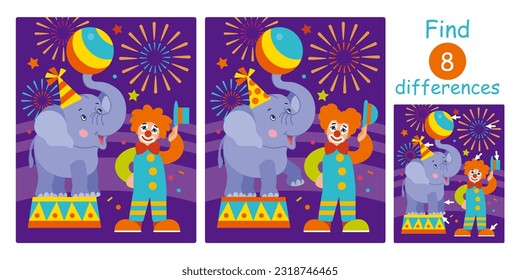 Encuentra diferencias, juego educativo para niños. Dibujo de dibujos animados planos vectoriales con elefante de payaso entrenado en el campo circense.