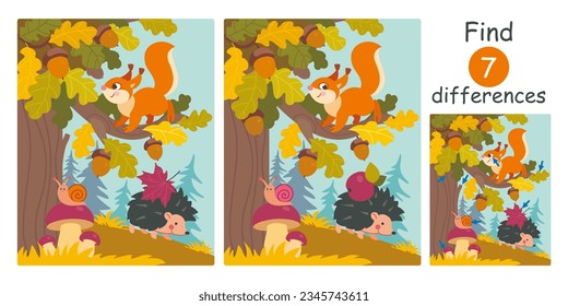 Find differences, education game for children. Cute cartoon squirrel on oak tree with acorns.  Autumn forest with animals, squirrel and hedgehog, mushrooms, acorns flat vector illustration.
