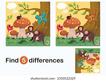 Encuentra diferencias en el juego educativo para los niños. Pequeños animales del bosque en la naturaleza. Ilustración vectorial.