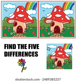 Find differences, education game for children. Mushroom house concept. Imagination and fantasy, fairy tale. Flora and fauna, nature. Cartoon flat vector illustration. Children's illustration.