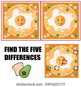 Find differences, education game for children. Cute happy fried egg. Vector cartoon character illustration. Cartoon flat vector illustration.