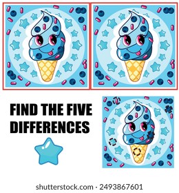 Find differences, education game for children. Cute ice cream character. Delicious desert.