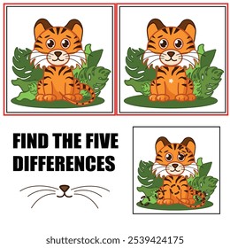 Encontre diferenças, jogo educacional para crianças. Tigre bonito sentado.