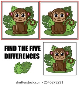 Find differences, education game for children. Cute monkey sitting.