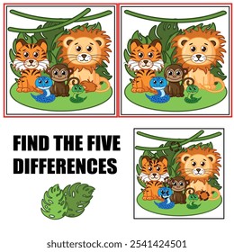 Find differences, education game for children. Cartoon cute animals including lion, tiger, monkey, snake.