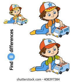 Find differences, education game for children. Little boy plays with ambulance car