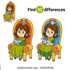 Find differences, education game for children, young princess seated on a throne with the bunny in hands