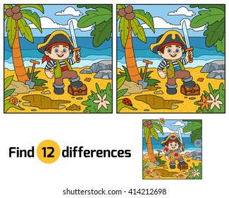 Find differences, education game for children. Pirate and treasure chest on a tropical island