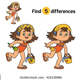 Find differences, education game for children. Girl on the beach