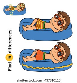 Find differences, education game for children. Little boy on lying inflatable mattress