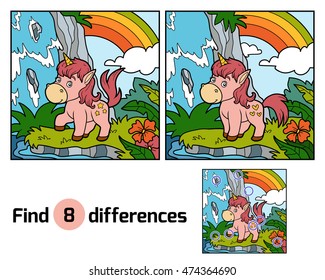 Find differences, education game for children. Fairy unicorn and rainbow