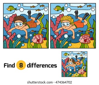 Find differences, education game for children. Little boy swimming in the sea