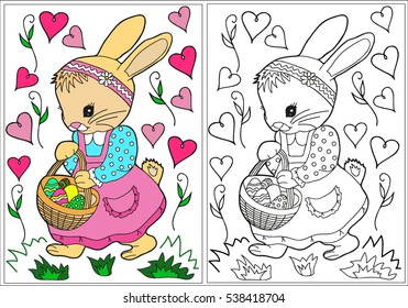Find differences, education game for children. Rabbit with a basket, Easter. Coloring, black and white, vector illustration.