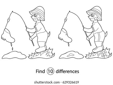 Find differences, education game for children. Fishermen.  Coloring, black and white, vector illustration.