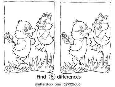 Find differences, education game for children. Ducklings.  Coloring, black and white, vector illustration.