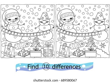 Find differences, education game for children. Winter theme. Snowmen with gifts. Coloring, black and white, vector illustration.