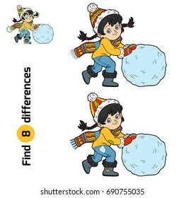 Find differences, education game for children, Girl and a ball of snow